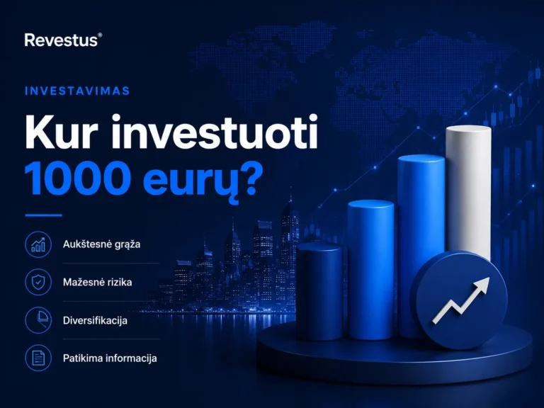 Kur investuoti 1000 eurų 2026 m. – pagrindinės investavimo galimybės pradedantiesiems: ETF, akcijos, obligacijos ir sutelktinis finansavimas.