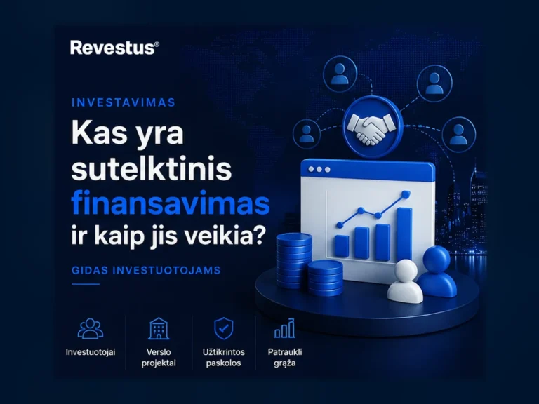 Sutelktinio finansavimo infografikas su investuotojais, verslo projektais, užtikrintomis paskolomis ir augimo grafiku